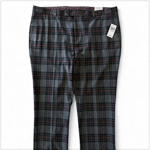 Paisley & Gray Downing Slim Stretch Tartan Plaid Charcoal Pants NWT New 42 x 32 - Picture 3 of 6